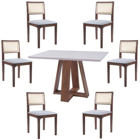 Conjunto Mesa Shell com Tampo de Vidro 160x90cm e 6 Cadeiras Nivea Amêndoa - Gran Belo