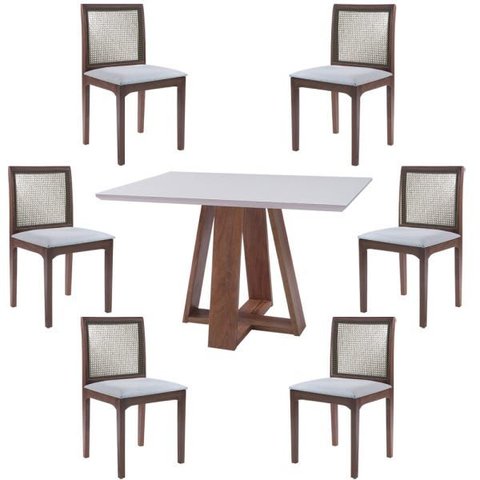 Conjunto Mesa Shell com Tampo de Vidro 160x90cm e 6 Cadeiras Steve Amêndoa - Gran Belo