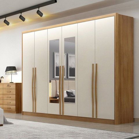 Guarda-Roupa Casal 6 Portas 6 Gavetas com Espelho 100% MDF Reno 276x236cm Marrom/Cumaru/Fendi