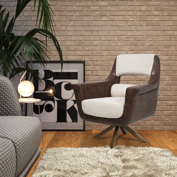 Poltrona Decorativa Sala de Estar Évora Pvc Marrom/Linho Bege - Gran Belo - 6