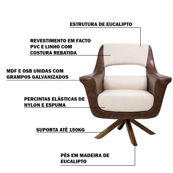 Poltrona Decorativa Sala de Estar Évora Pvc Marrom/Linho Bege - Gran Belo - 3