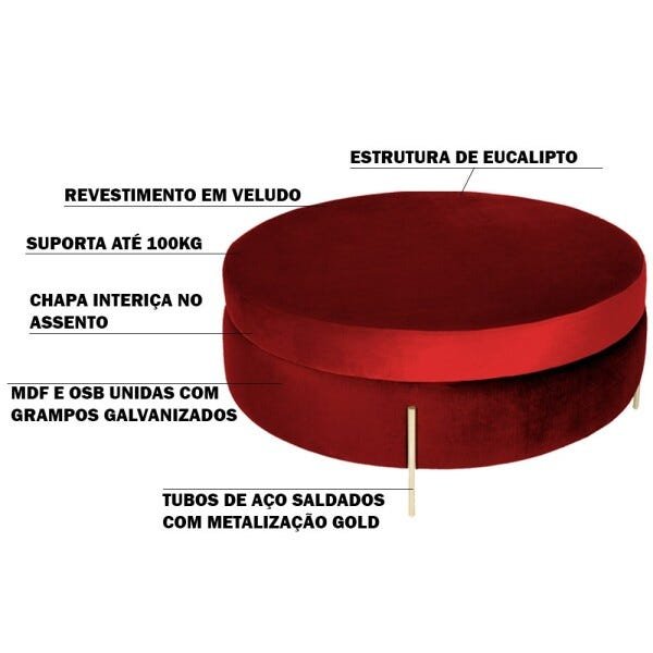 Puff Decorativo Sala de Estar 45cm Bonn Veludo Vermelho - Gran Belo - 3
