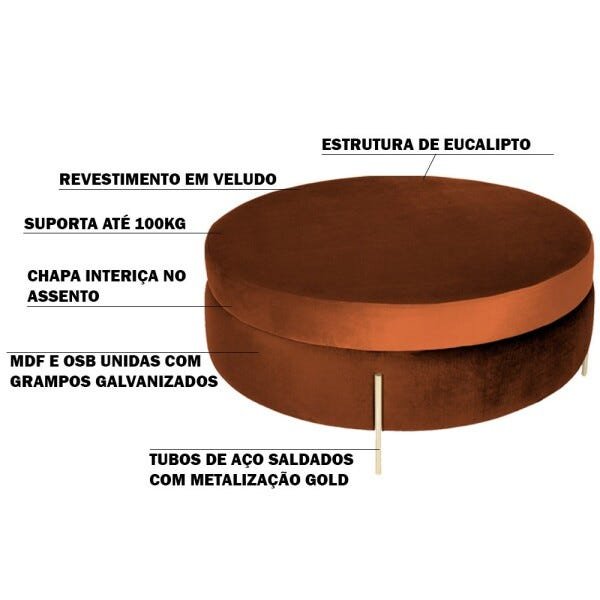 Puff Decorativo Sala de Estar 45cm Bonn Veludo Telha - Gran Belo - 3