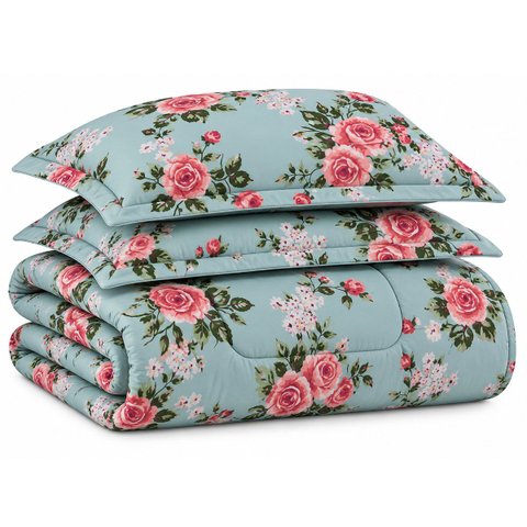 Kit Edredom Cobertor Zurique Queen Dupla Face Micropercal Estampado 400 Fios 3 Peças Floral Verde Cl