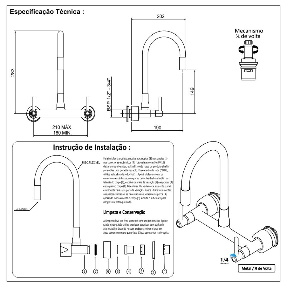 Torneira Para Cozinha Misturador De Parede Flexível Preto Black  Fosco ¼” de volta cerâmico - 5