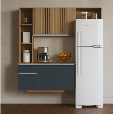 Kit Cozinha Suspensa com Balcão Mel 163cm Poquema Móveis