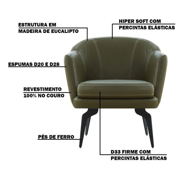 Poltrona Decorativa Sala de Estar Rene Spider Couro Verde - Gran Belo - 3
