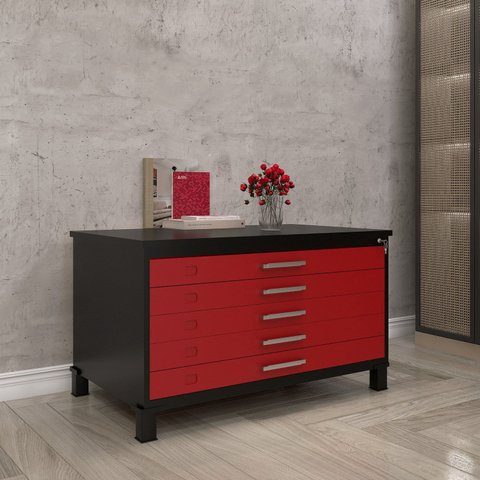 Mapoteca Mont 5 Gavetas 71,3cm x 120,4cm Aço Cinza/Preto/Vermelho