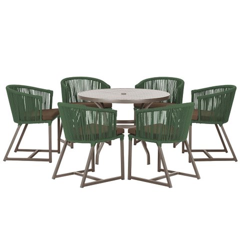 Mesa com 6 Cadeiras de Jantar Roma 120cm e Noronha em Alumínio Marrom Corda Náutica Estofado 9 Trama
