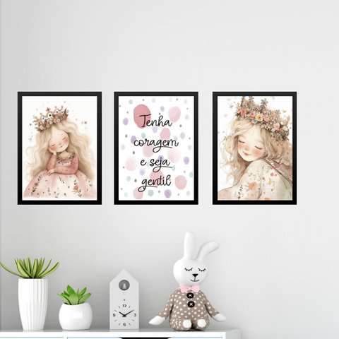 Kit 3 Quadros Infantis Princesa - Tenha Coragem Seja Gentil 45x34cm - com Vidro:moldura Preta