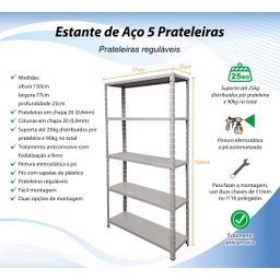 Estante de Aço 5 Prateleiras 25cm Multiuso 25kg/prateleira Várias Cores - 2