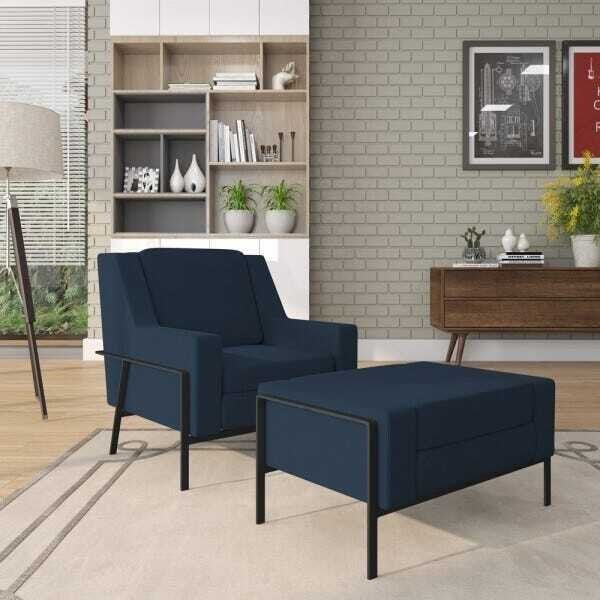 Conjunto Poltrona com Puff Decorativa Sala de Estar Lecce Pés Aço Linho Azul - Gran Belo - 6