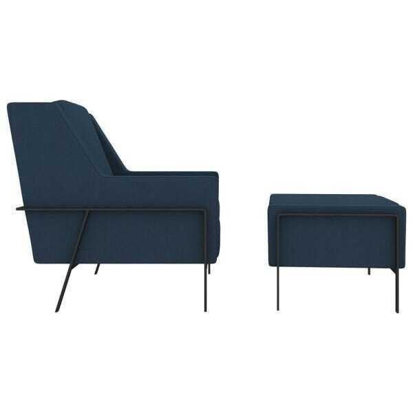 Conjunto Poltrona com Puff Decorativa Sala de Estar Lecce Pés Aço Linho Azul - Gran Belo - 7