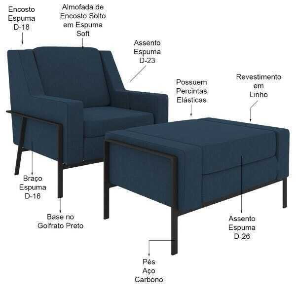 Conjunto Poltrona com Puff Decorativa Sala de Estar Lecce Pés Aço Linho Azul - Gran Belo - 2