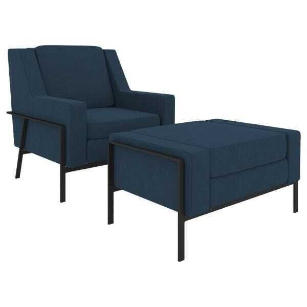 Conjunto Poltrona com Puff Decorativa Sala de Estar Lecce Pés Aço Linho Azul - Gran Belo - 1