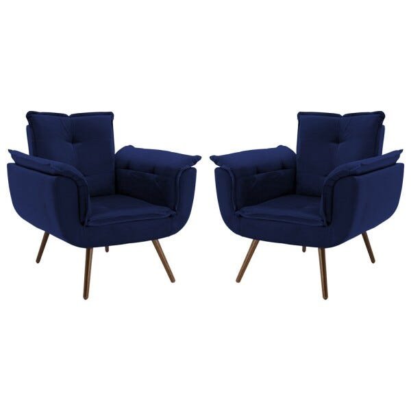 Kit 2 Poltrona Decorativa Sala de Estar Cristina Veludo Azul Pés Fixo Palito - Gran Belo - 1
