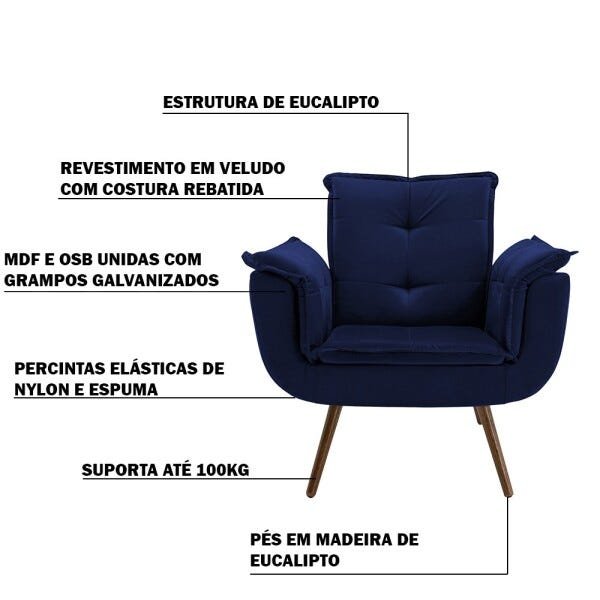 Kit 2 Poltrona Decorativa Sala de Estar Cristina Veludo Azul Pés Fixo Palito - Gran Belo - 3