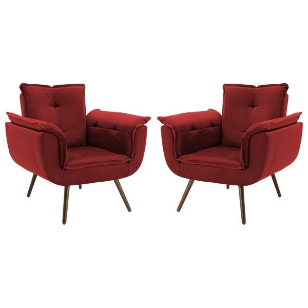 Kit 2 Poltrona Decorativa Sala de Estar Cristina Veludo Vermelho Pés Fixo Palito - Gran Belo - 1