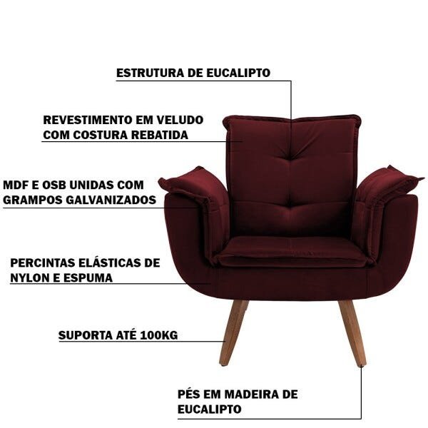 Kit 2 Poltrona Decorativa Sala de Estar Cristina Veludo Vinho Pés Fixo Madeira - Gran Belo - 3