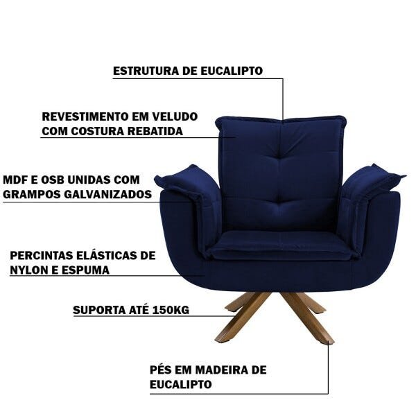 Poltrona Decorativa Sala de Estar Cristina Veludo Azul Pés Giratório - Gran Belo - 3