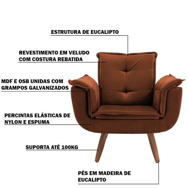 Poltrona Decorativa Sala de Estar Cristina Veludo Telha Pés Fixo Madeira - Gran Belo - 3