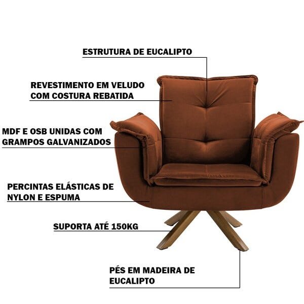 Poltrona Decorativa Sala de Estar Cristina Veludo Telha Pés Giratório - Gran Belo - 3