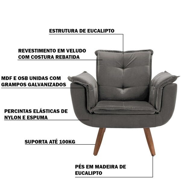 Poltrona Decorativa Sala de Estar Cristina Veludo Cinza Pés Fixo Madeira - Gran Belo - 3