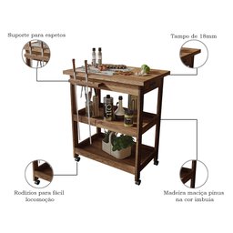 Mesa Gourmet Carrinho de Churrasco W01 Tampo com Cerâmica Madeira Maciça Imbuia Clique Chique G001 - 3