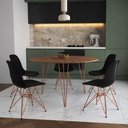 Ver imagem 1 de Mesa Jantar Redonda 110Cm Amêndoa Clips 3 Pés Com 5 Cadeiras Pretas Base Cobre - Cor: Amendoa
