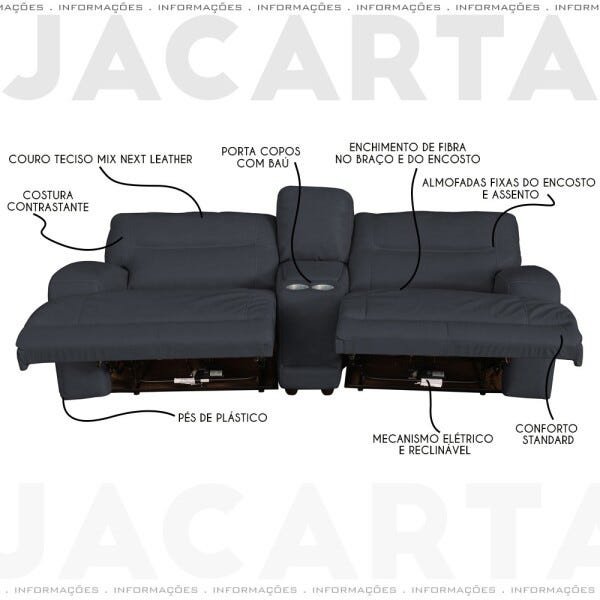 Sofá 2 Lugares Jacarta Reclinável Elétrico com Porta Copos 251cm Couro Grafiti - Idea Relax - 3