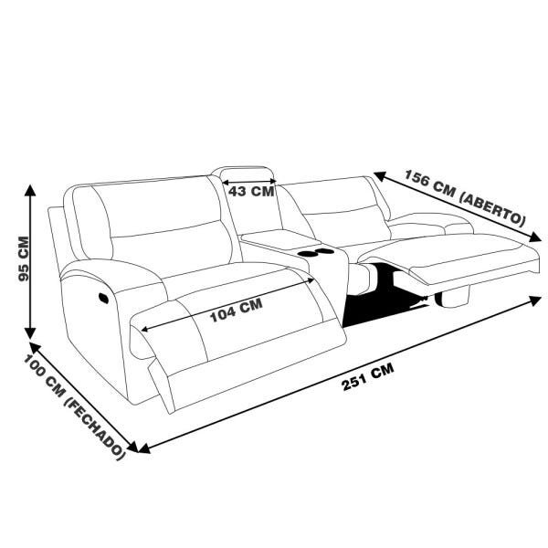 Sofá 2 Lugares Jacarta Reclinável Elétrico com Porta Copos 251cm Couro Grafiti - Idea Relax - 2
