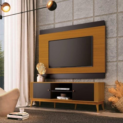 Conjunto Rack + Painel LEG Estilo Retrô 1,60m para TV Até 60'' Acabamento Ripado Tampo de 25mm Puxad