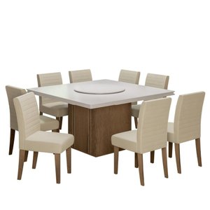Conjunto De Mesa Com Tampo Giratório Amesterdã 1,36m 8 Cadeiras Creta Cedro / Off White/ Areia