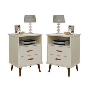 Mesa de Cabeceira 2 Gavetas com Pés em Madeira Retro - Itália - Cm - Off White
