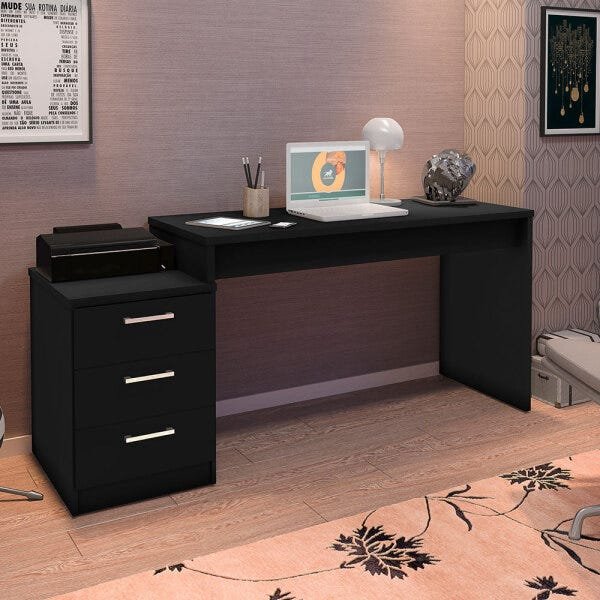 Mesa para Escritório Home Office Corina 3 Gavetas Preto Texturizado - Gran Belo - 5