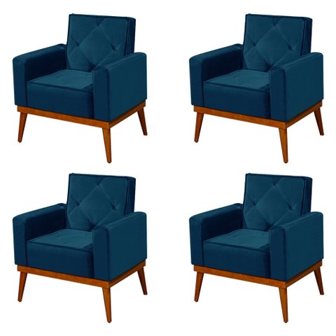 Kit 4 Poltronas Decorativa Florença Pés em Madeira Maciça Estofado Veludo - Azul