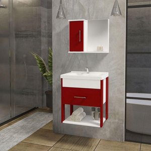Conjunto Gabinete Inferior e Superior Banheiro 1 Porta 1 Gaveta Rubi - Vinho - Vermelho