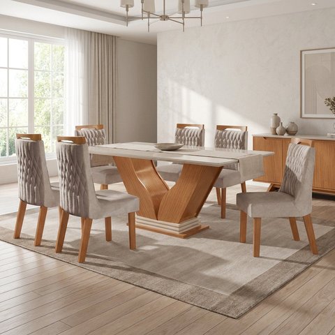 Mesa de Jantar com Tampo de Vidro e 6 Cadeiras Estofadas Atena Cinamomo Off White