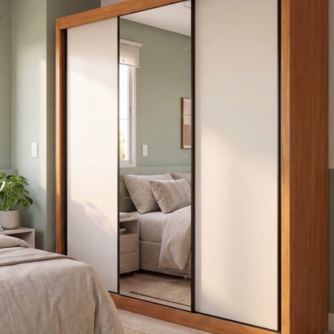 Guarda Roupa Casal 100% MDF com 3 Portas de Correr e 6 Gavetas com Espelho 241,2x218x55,5cm Cinamomo