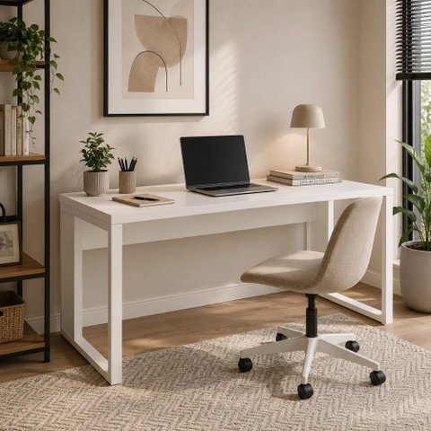 Escrivaninha Industrial 190cm x 60cm Pés Metal sem Gavetas Branco F5 Office