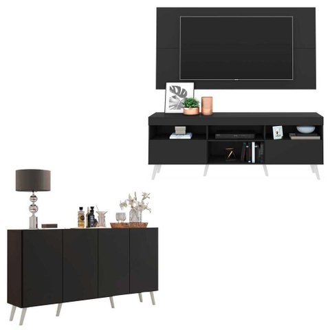 Conjunto Sala de Estar Rack + Painel TV 65" e Aparador Retrô Sofia Multimóveis Preto/Branco