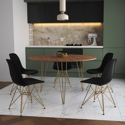Mesa Jantar Redonda 110cm Amêndoa Clips 3 Pés com 5 Cadeiras Eames Eiffel Pretas Base Dourada