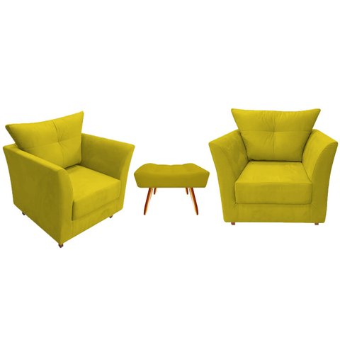 Kit 2 Poltronas Decorativa Isis + Puff Retangular Couro Amarelo Pés Madeira Ms Decor