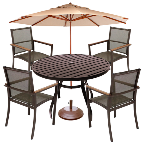 Jogo de Mesa Ripada 1,20m + 4 Cadeiras Amélia e Guarda Sol Área Piscina Jardim