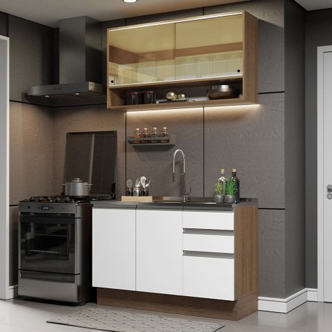 Cozinha Compacta Madesa Glamy 120002 com Armário e Balcão (Sem Tampo e Pia) Rustic/Branco Cor:Rustic