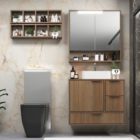 Conjunto para Banheiro Modulado 803 com Cuba e Espelheira 80 cm Prime Yescasa Marrom/Noce