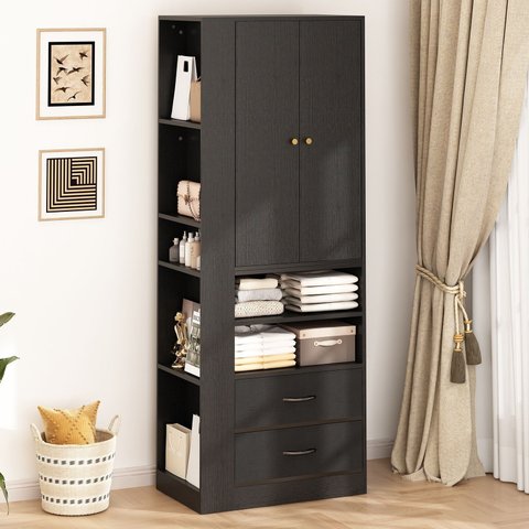 Guarda-roupa Compacto 2 Portas com 2 Gavetas, Cabideiro e Nicho Lateral Preto