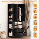 Ver imagem 7 de Guarda-roupa Compacto 2 Portas com 2 Gavetas, Cabideiro e Nicho Lateral Preto