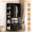 Ver mais imagens de Guarda-Roupa Infantil 2 Portas com 2 Gavetas, Cabideiro e Nicho Lateral Preto