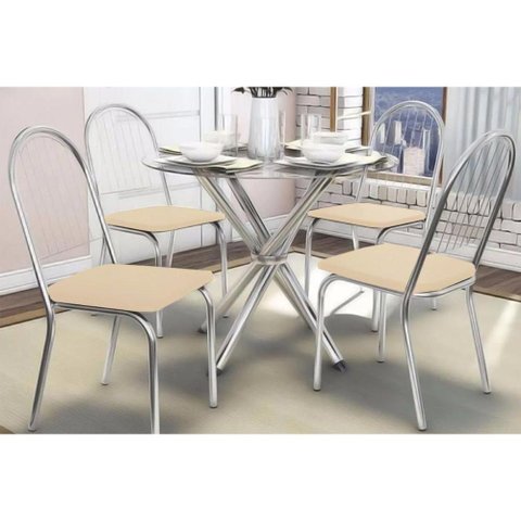 Sala de Jantar Completa Volga c/ Tampo Vidro 95cm + 4 Cadeiras Noruega Cromado/Courano Nude -